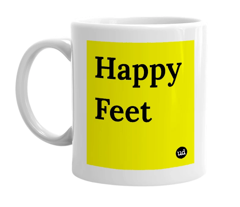 White mug with 'Happy Feet' in bold black letters