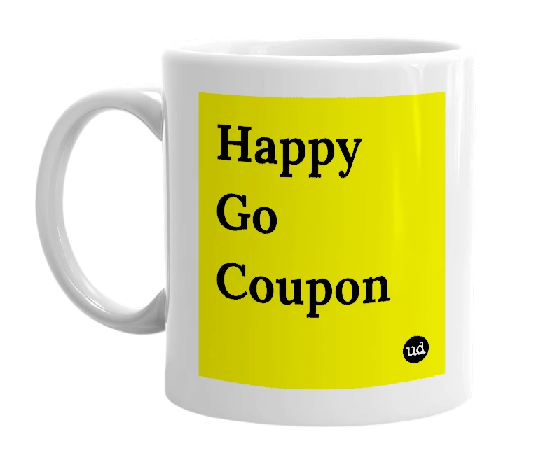 White mug with 'Happy Go Coupon' in bold black letters