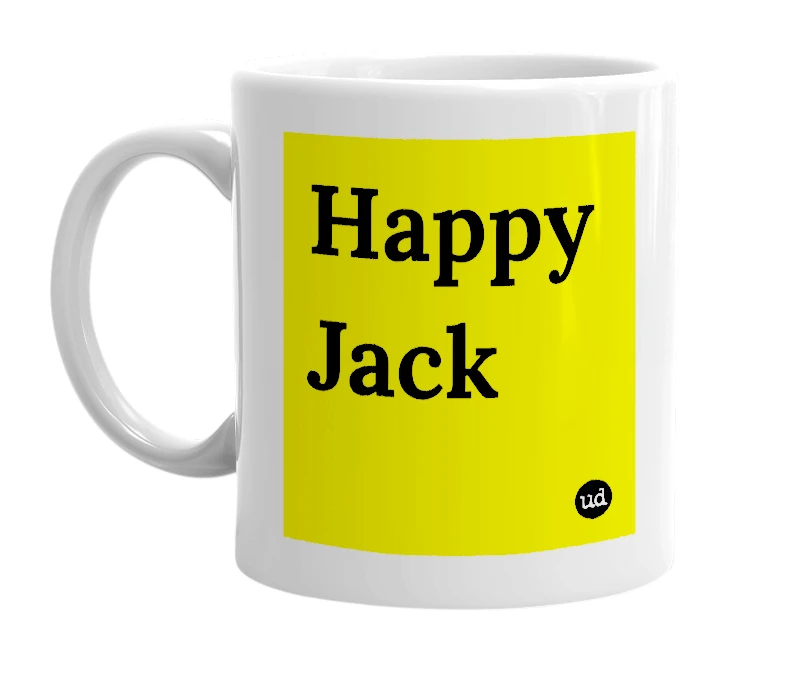 White mug with 'Happy Jack' in bold black letters
