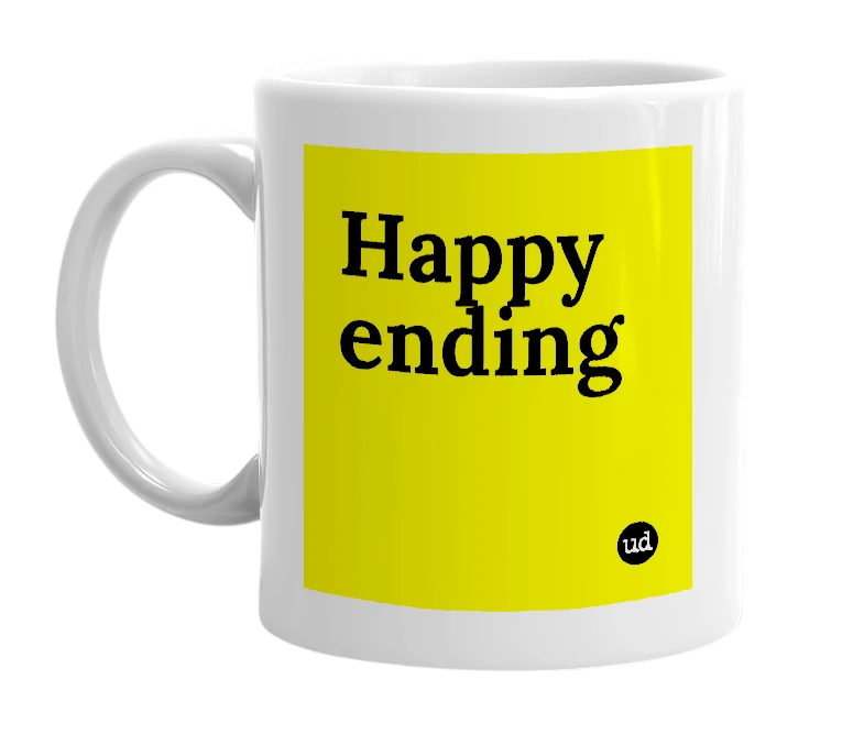 White mug with 'Happy ending' in bold black letters