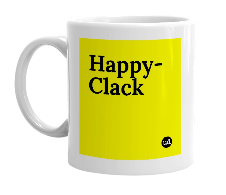 White mug with 'Happy-Clack' in bold black letters