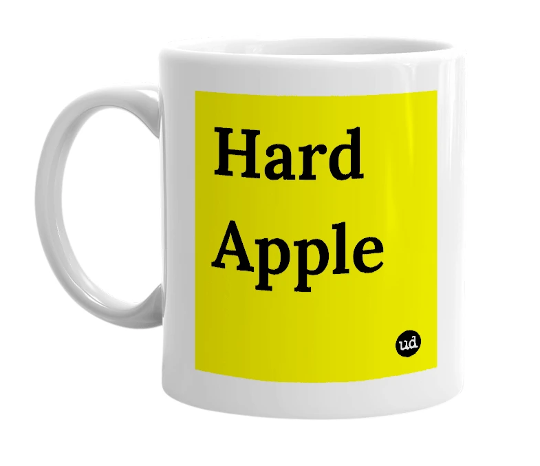 White mug with 'Hard Apple' in bold black letters