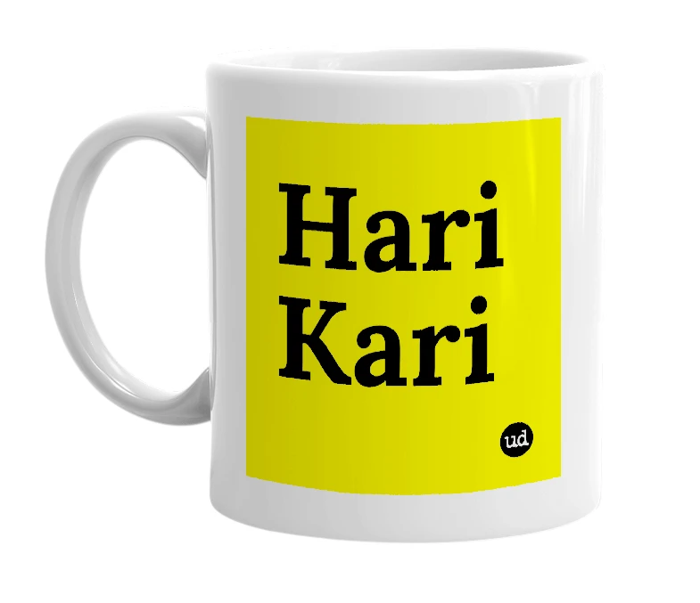 White mug with 'Hari Kari' in bold black letters