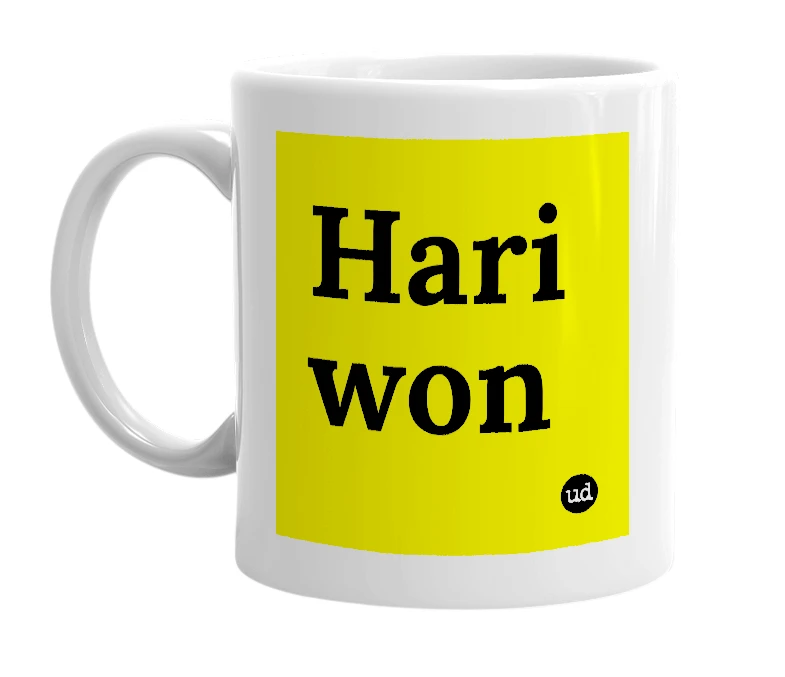 White mug with 'Hari won' in bold black letters
