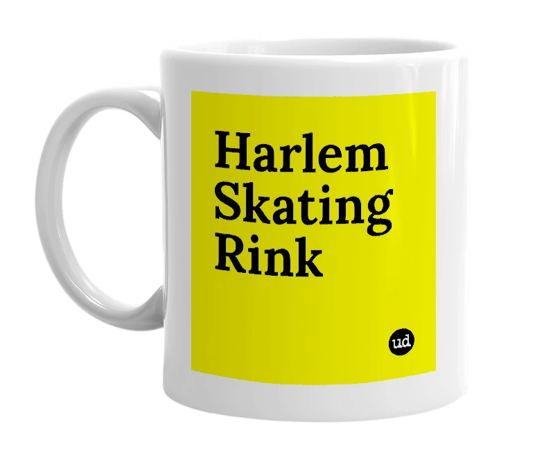 White mug with 'Harlem Skating Rink' in bold black letters