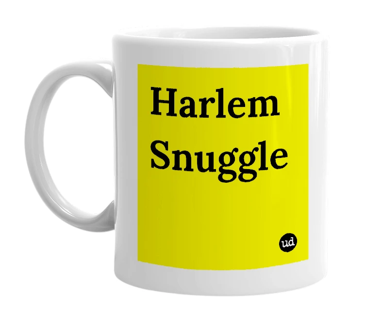 White mug with 'Harlem Snuggle' in bold black letters