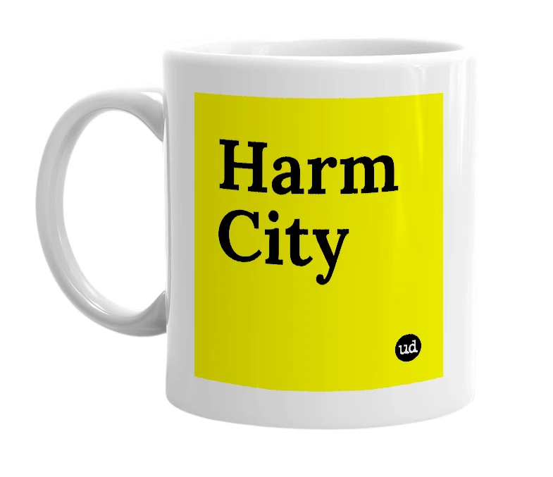 White mug with 'Harm City' in bold black letters