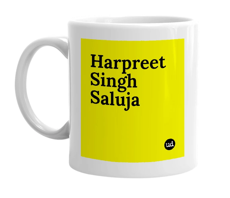 White mug with 'Harpreet Singh Saluja' in bold black letters