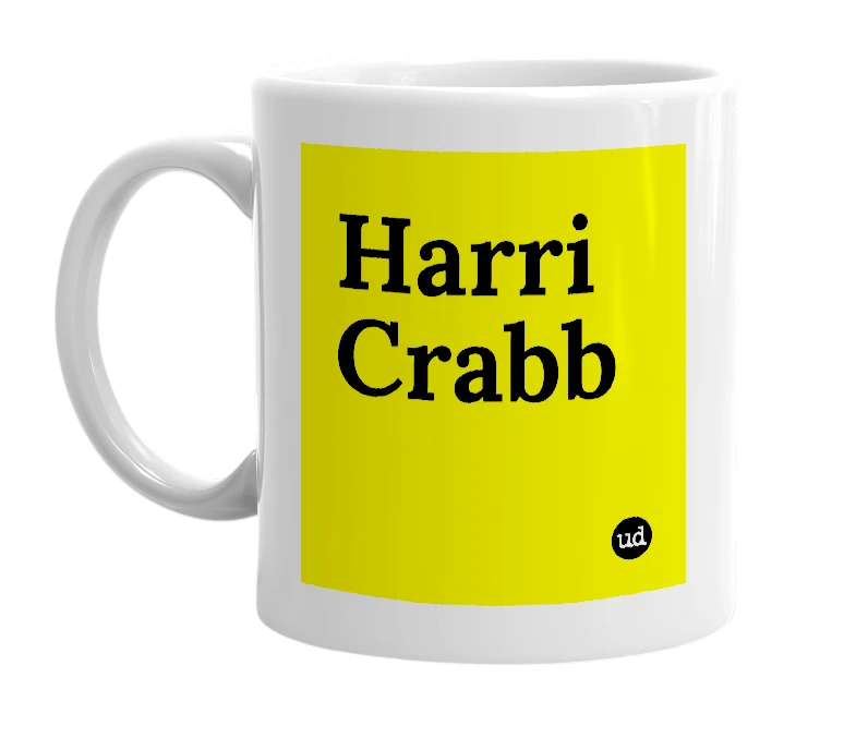 White mug with 'Harri Crabb' in bold black letters