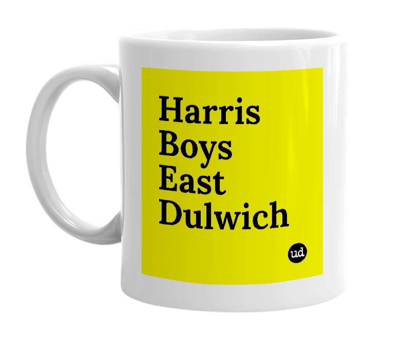 White mug with 'Harris Boys East Dulwich' in bold black letters