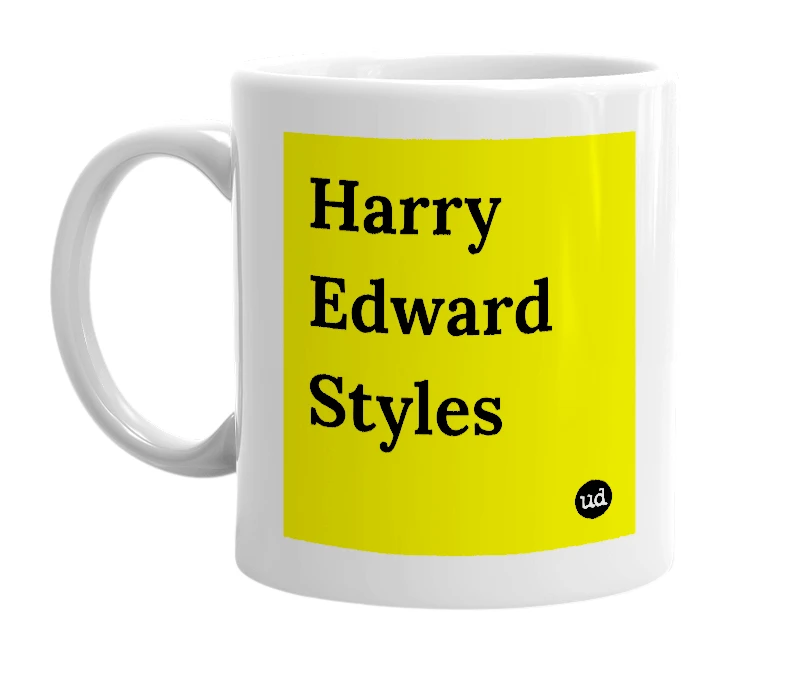 White mug with 'Harry Edward Styles' in bold black letters