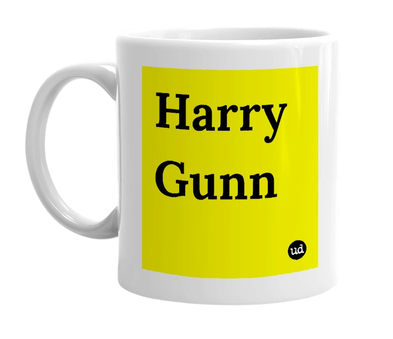 White mug with 'Harry Gunn' in bold black letters