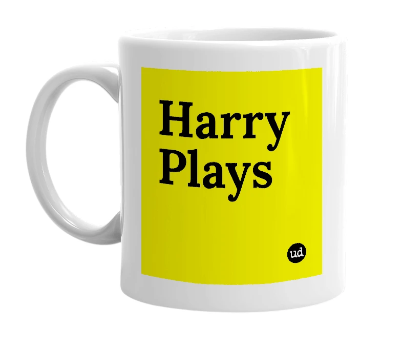 White mug with 'Harry Plays' in bold black letters