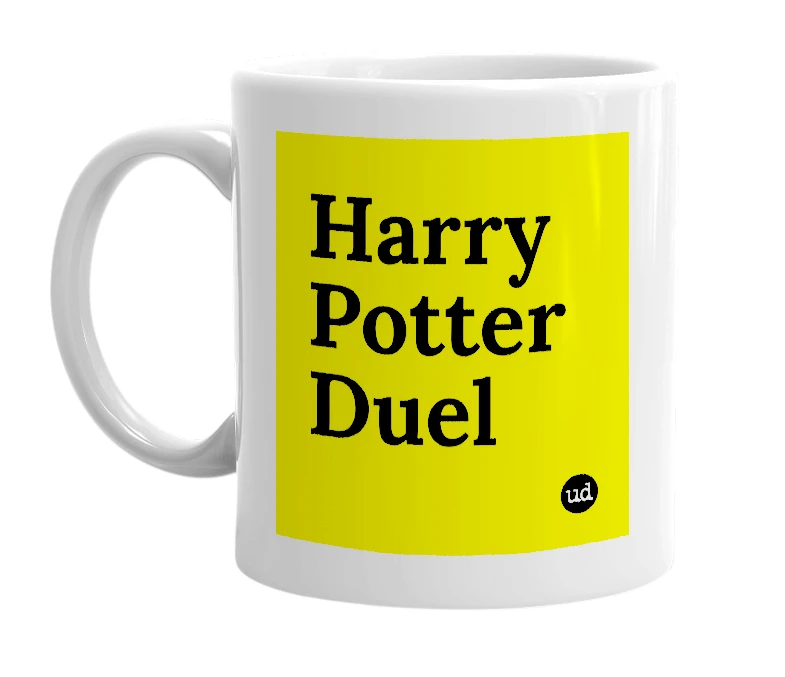 White mug with 'Harry Potter Duel' in bold black letters