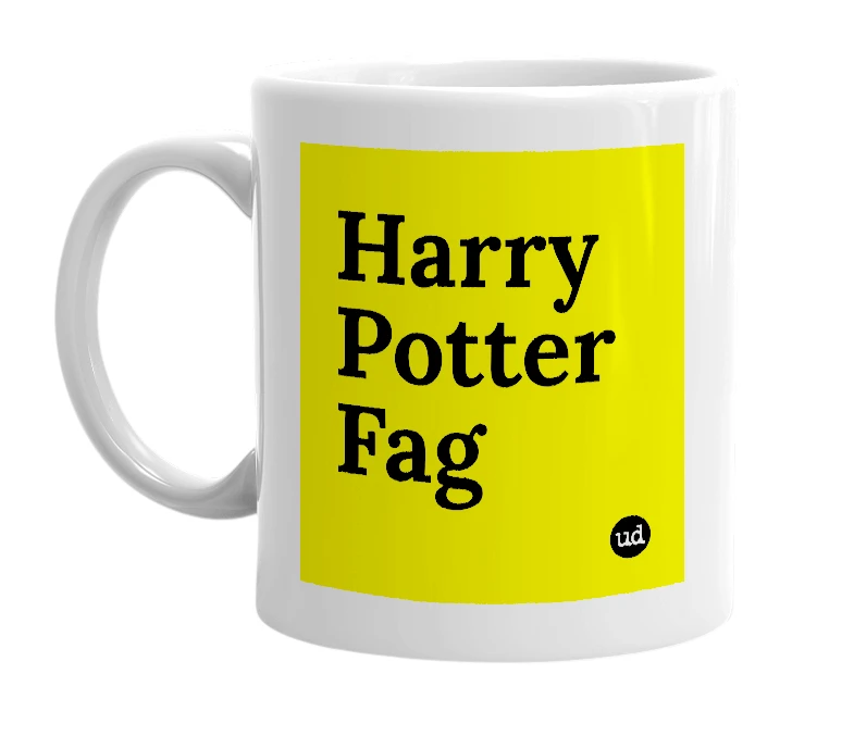 White mug with 'Harry Potter Fag' in bold black letters