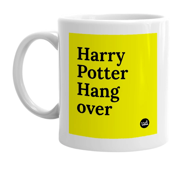 White mug with 'Harry Potter Hang over' in bold black letters