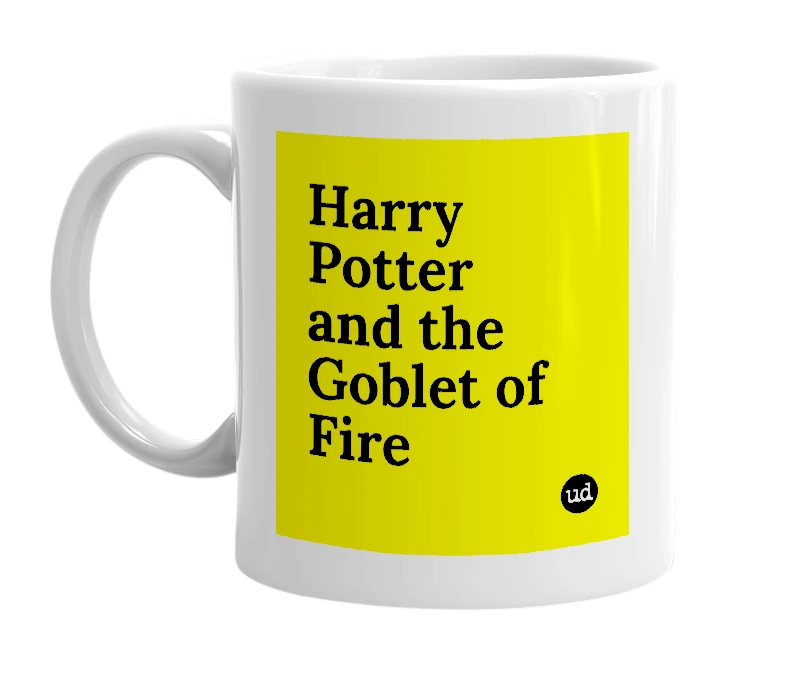 White mug with 'Harry Potter and the Goblet of Fire' in bold black letters