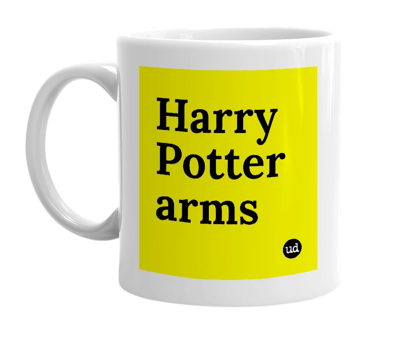 White mug with 'Harry Potter arms' in bold black letters