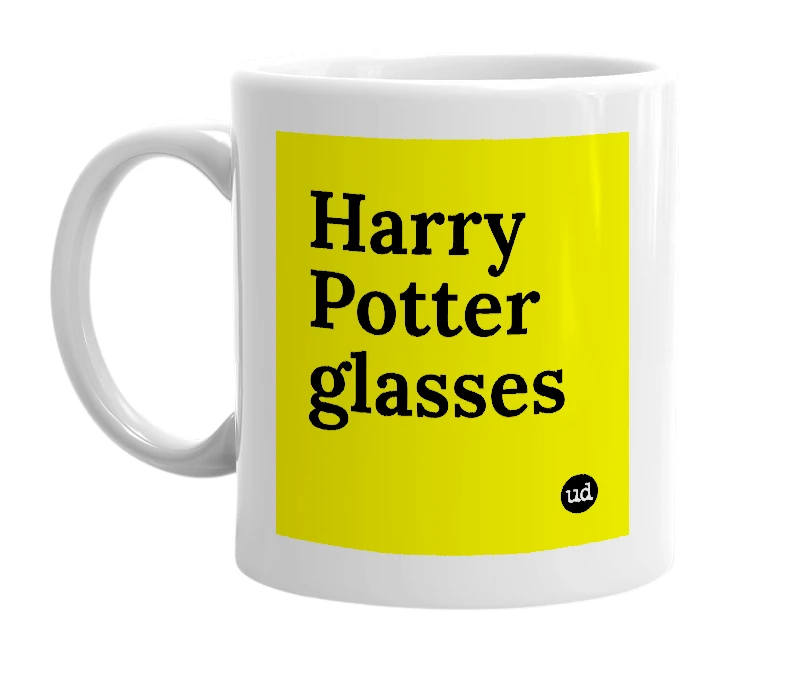 White mug with 'Harry Potter glasses' in bold black letters