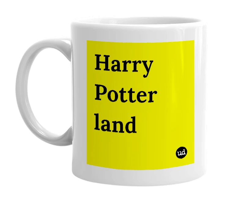 White mug with 'Harry Potter land' in bold black letters