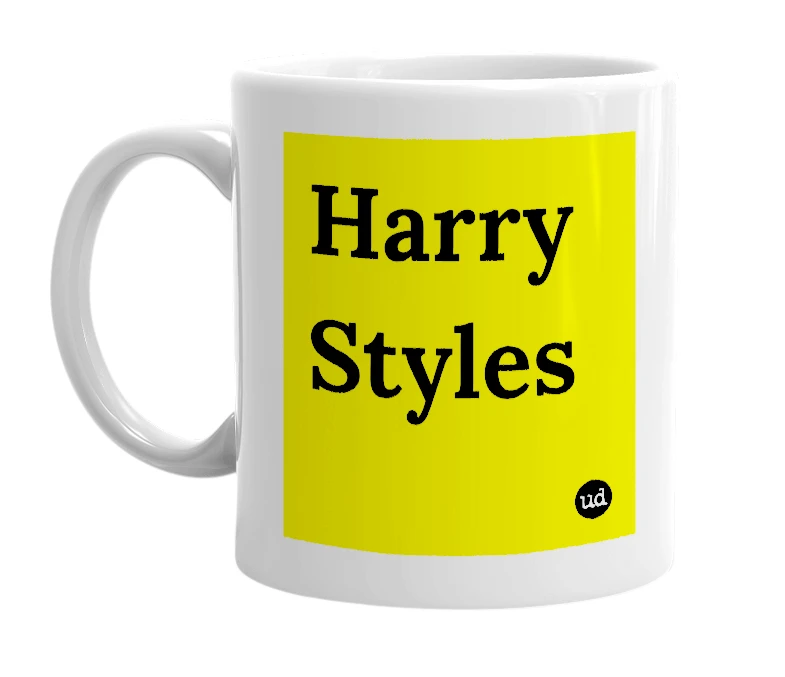 White mug with 'Harry Styles' in bold black letters
