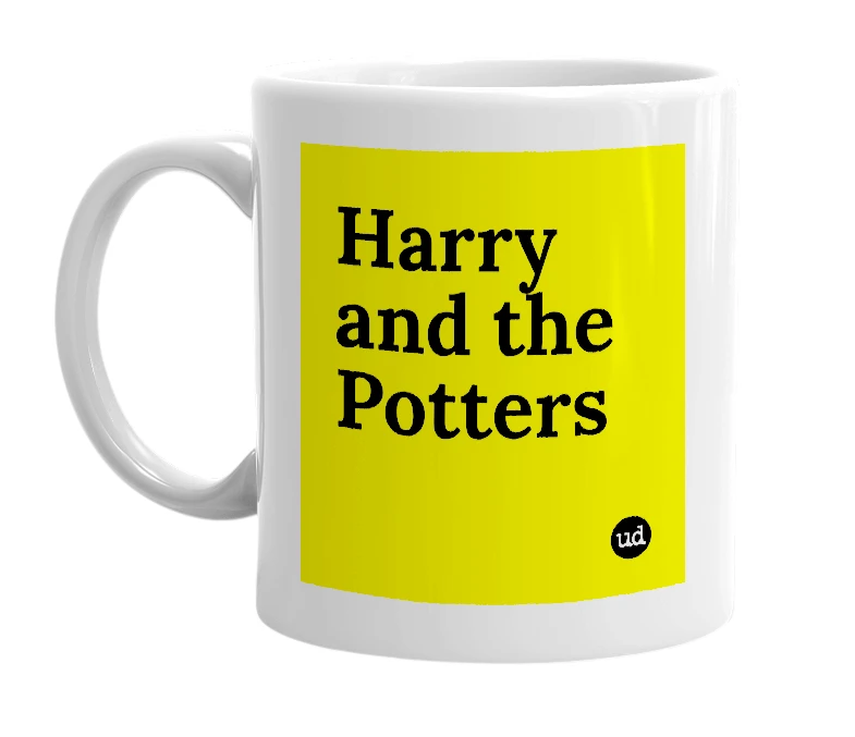 White mug with 'Harry and the Potters' in bold black letters