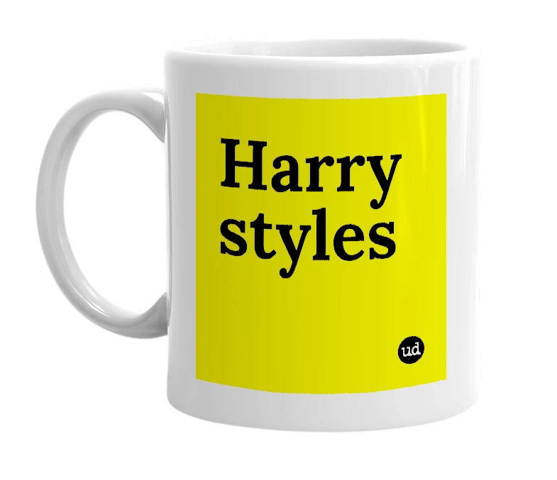 White mug with 'Harry styles' in bold black letters