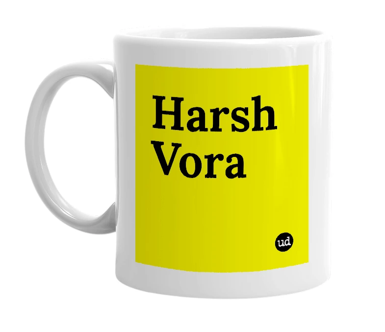 White mug with 'Harsh Vora' in bold black letters