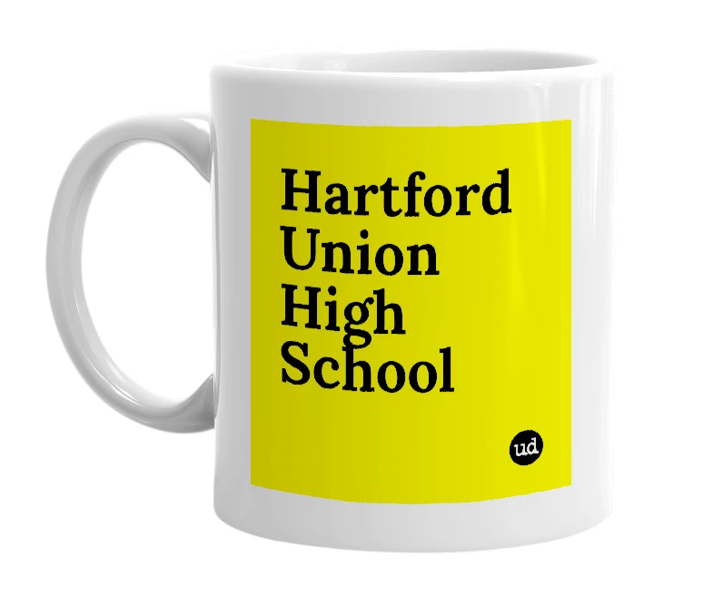 White mug with 'Hartford Union High School' in bold black letters