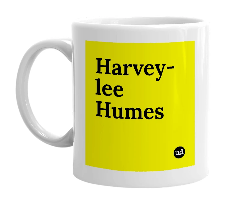 White mug with 'Harvey-lee Humes' in bold black letters