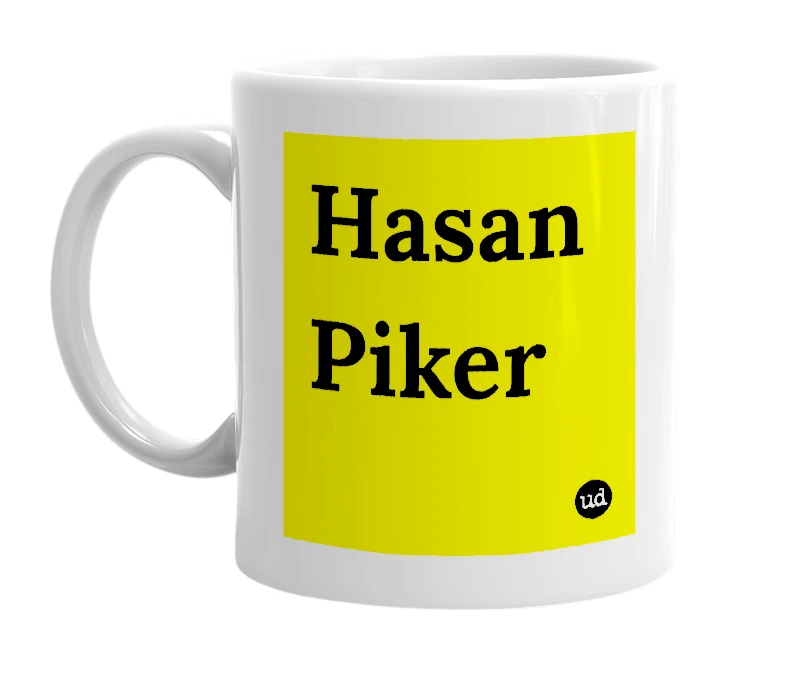 White mug with 'Hasan Piker' in bold black letters