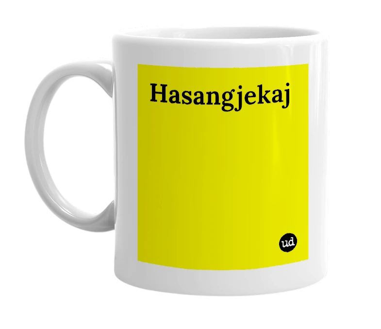 White mug with 'Hasangjekaj' in bold black letters