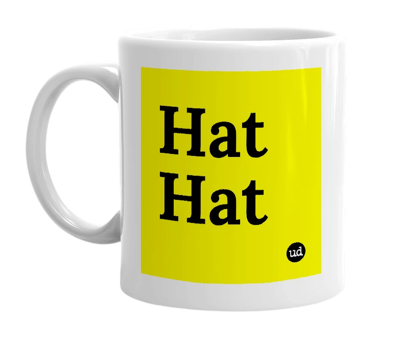 White mug with 'Hat Hat' in bold black letters