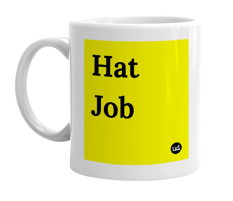 White mug with 'Hat Job' in bold black letters