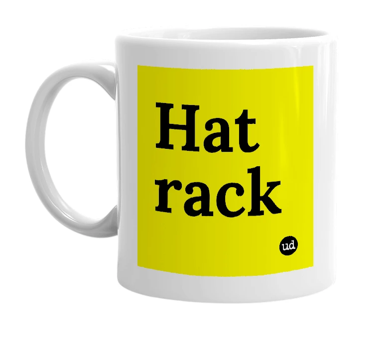 White mug with 'Hat rack' in bold black letters