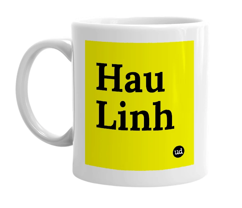 White mug with 'Hau Linh' in bold black letters