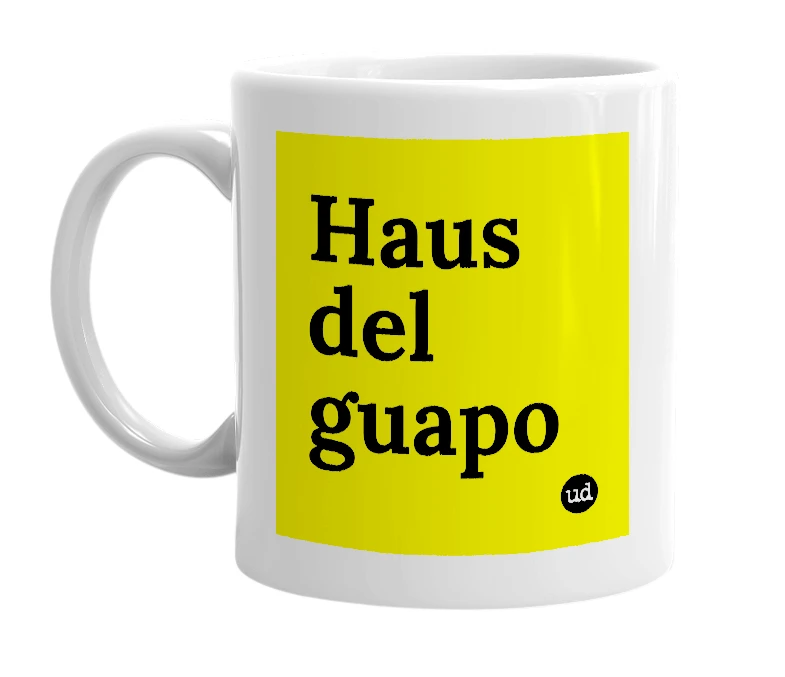 White mug with 'Haus del guapo' in bold black letters