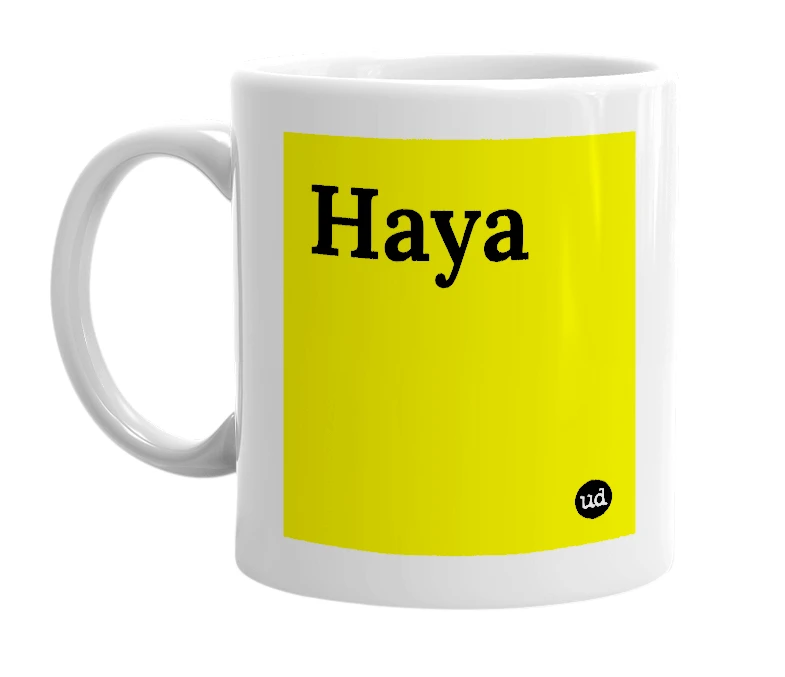 White mug with 'Haya' in bold black letters