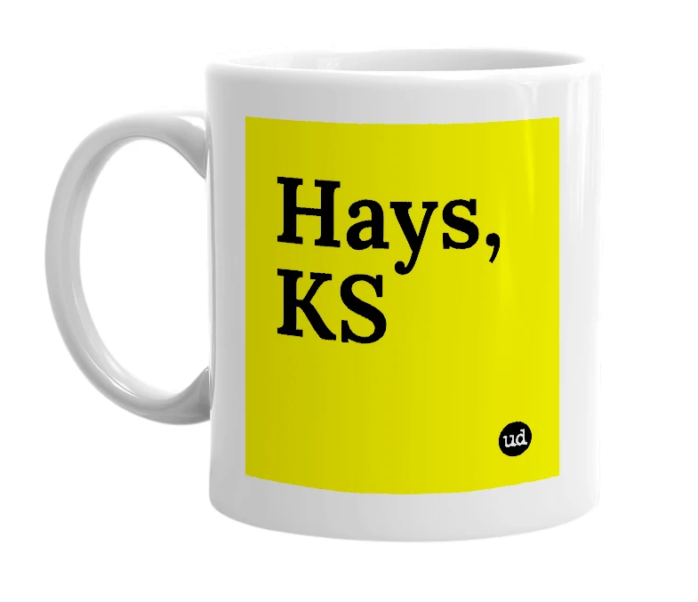 White mug with 'Hays, KS' in bold black letters