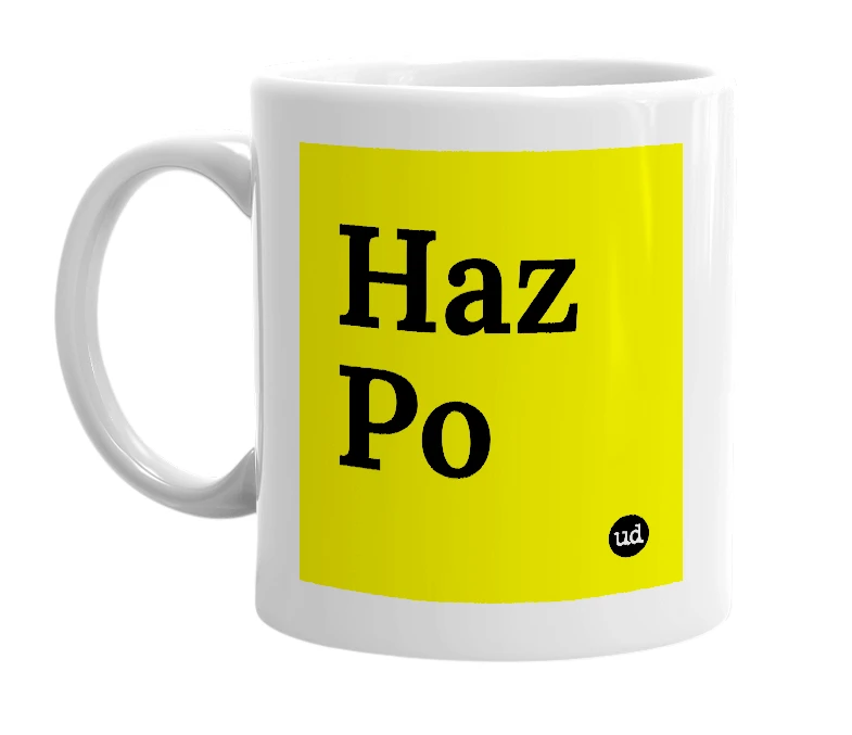 White mug with 'Haz Po' in bold black letters