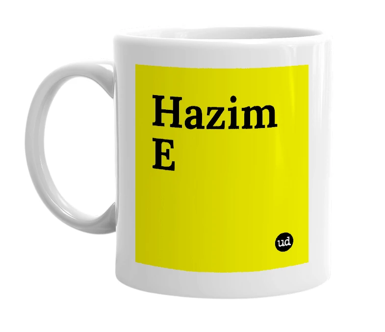 White mug with 'Hazim E' in bold black letters