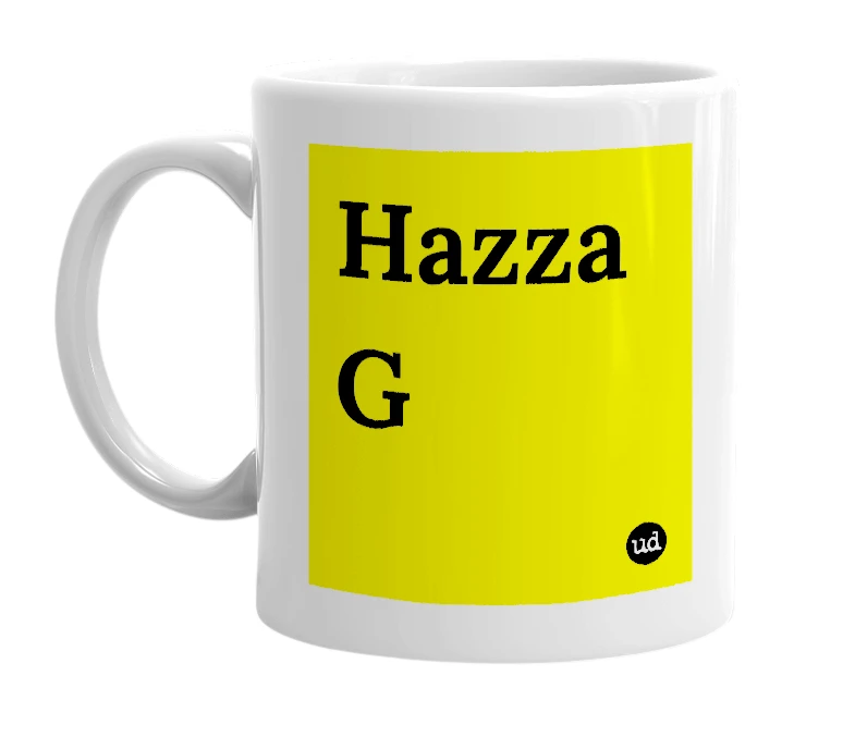 White mug with 'Hazza G' in bold black letters