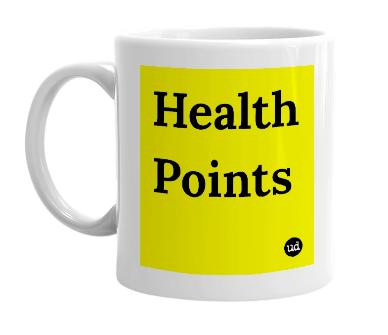 White mug with 'Health Points' in bold black letters