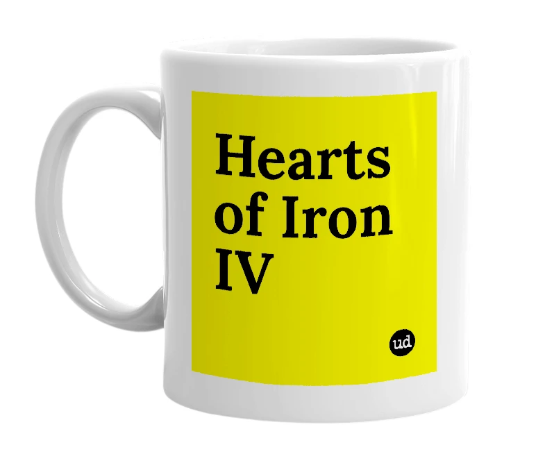 White mug with 'Hearts of Iron IV' in bold black letters