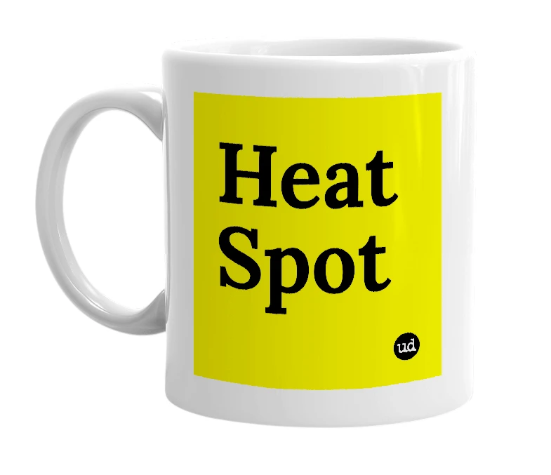 White mug with 'Heat Spot' in bold black letters