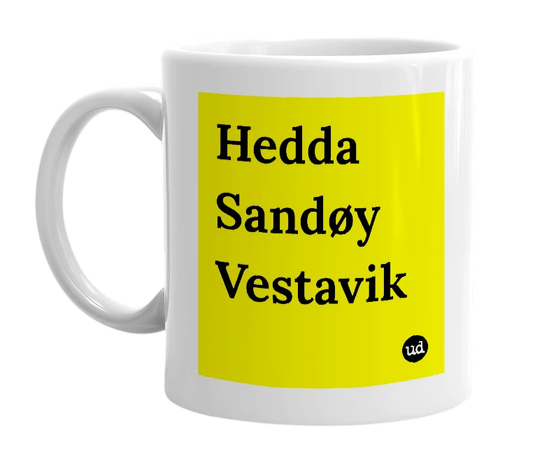 White mug with 'Hedda Sandøy Vestavik' in bold black letters