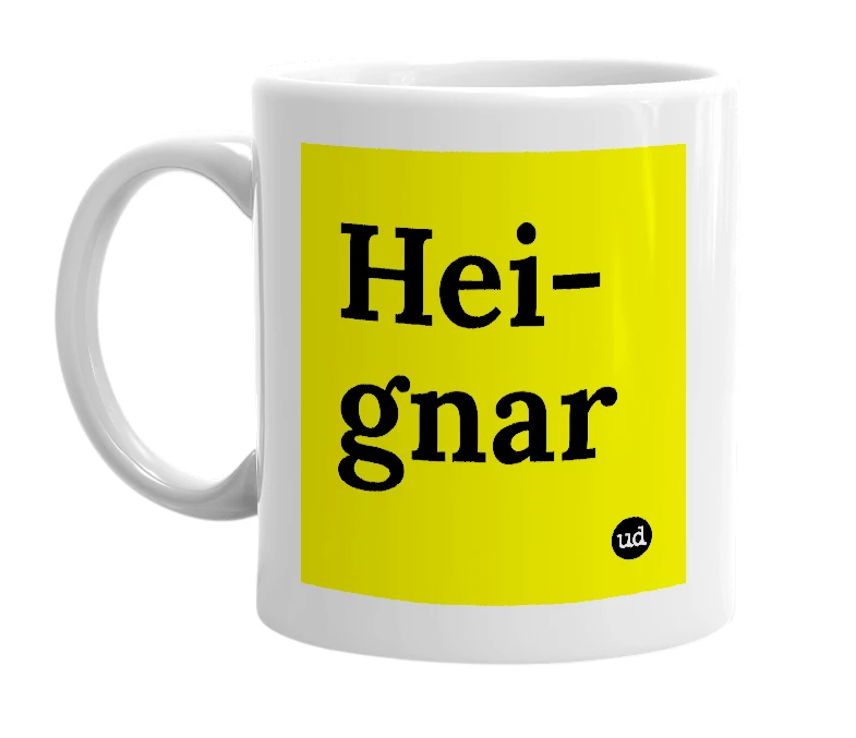 White mug with 'Hei-gnar' in bold black letters