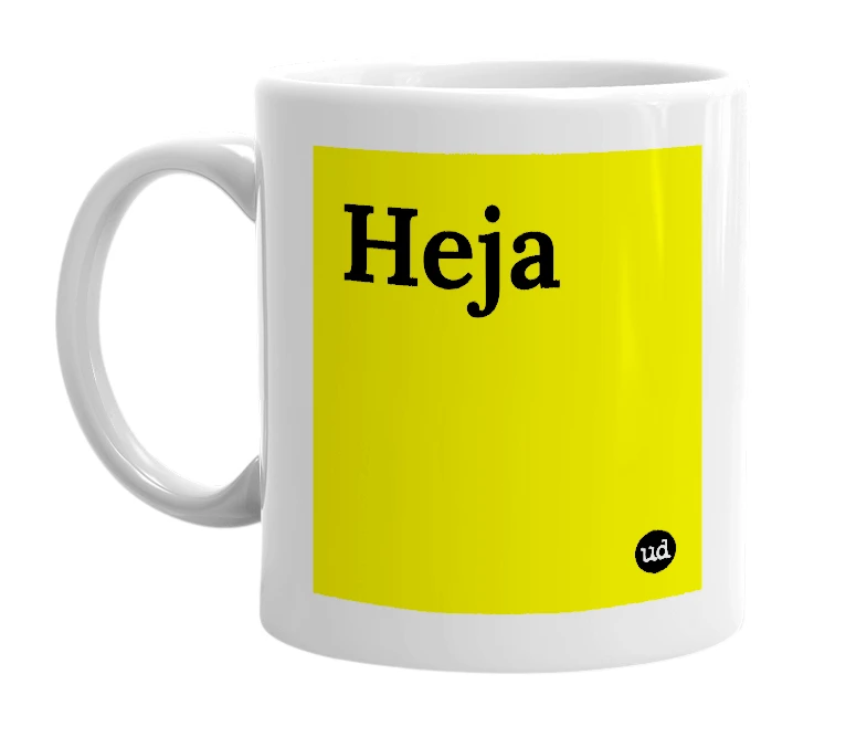 White mug with 'Heja' in bold black letters