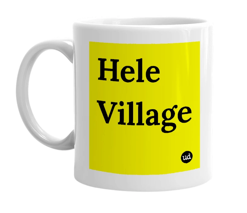 White mug with 'Hele Village' in bold black letters