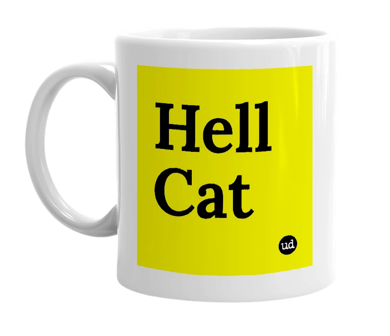 White mug with 'Hell Cat' in bold black letters